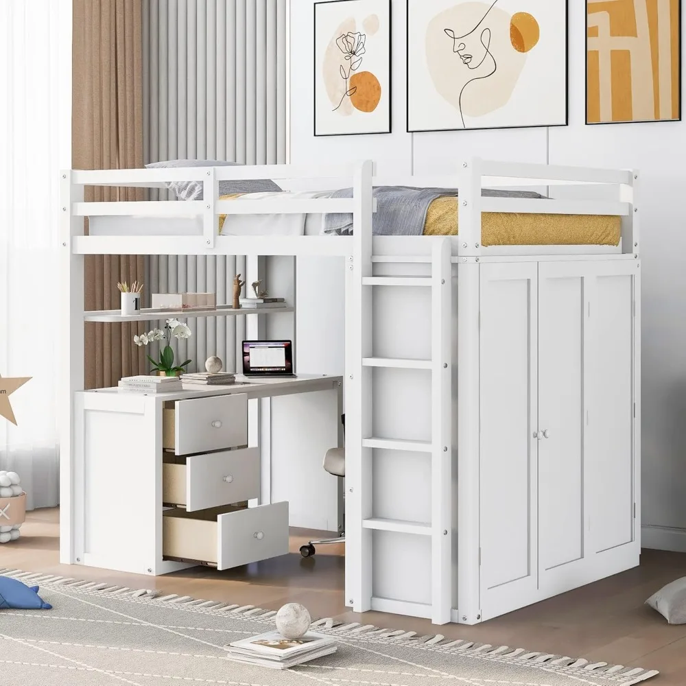 Harper & Bright Designs Full Loft Bed with Desk and Wardrobe,Solid Wood Loft Bed Frame Full with Storage Drawers for Kids Teens