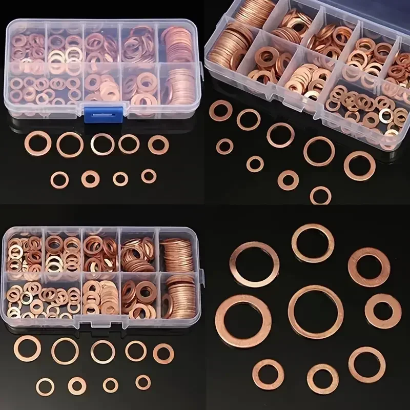 100 peças de arruelas de cobre, arruelas, porcas e parafusos, com caixa m4/m5/m6/m8/m10/m12/m14 kit de combinação de vedação para plugues de panela de óleo