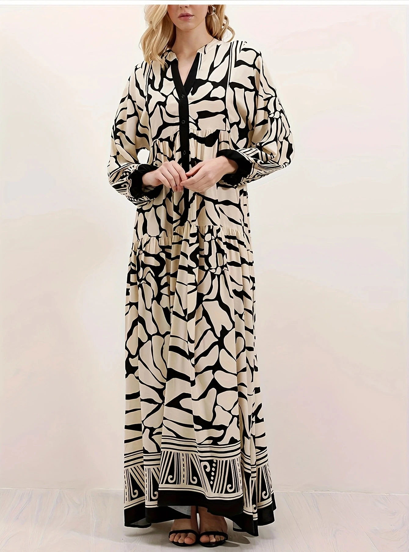 Faionable Casual Stampato V-Ne Lungo Sve Dr Vita ampia Gonna a trapezio Tessuto in poliestere Estate Donna Dr