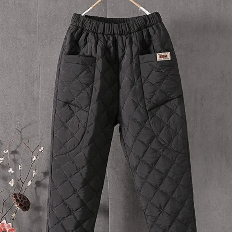 กางเกงขายาวผ้าฝ้ายหนานุ่มสำหรับฤดูใบไม้ร่วงและฤดูหนาว สไตล์เกาหลี เอวยางยืด ความยาวระดับข้อเท้า กันลม
