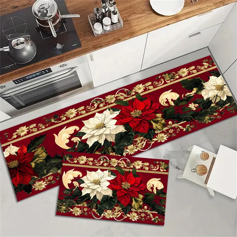 Christmas Poinsettia Floral Kitchen Mat Decor Non-Slip Laundry Room Mats Hallway Balcony Rugs Bedroom Mat Christmas Decorations