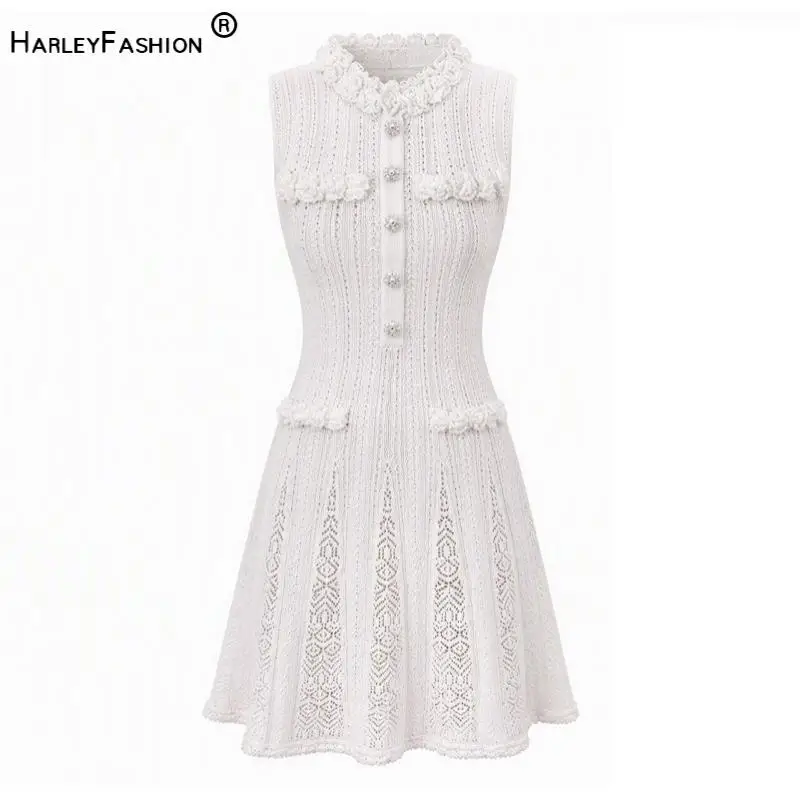 Lady 2026 Elegant Style Solid Wear With Slips Lining Ruffled Neck Sleeveless Hollow Out A-line Mini Knits Dress Women