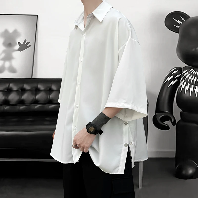 Summer Short Sleeved Shirt Men Oversized Social Mens Black Dress Shirt Korean Loose Casual Ice Silk Shirt Mens White Shirts