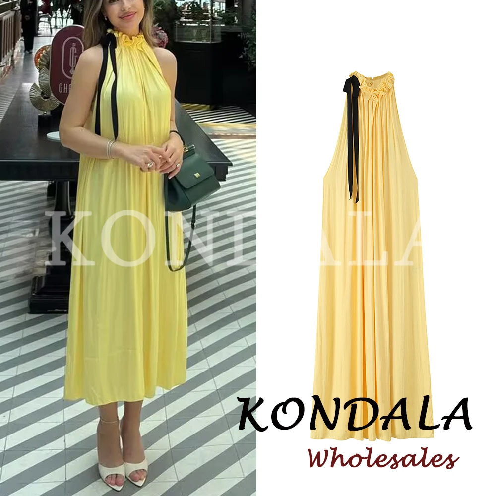 KONDALA Schickes Gelbes 2026 Sommer Damen Casual Plissiertes Langes Kleid mit Schleifenkragen Streetwear Ärmelloses Modisches Abendkleid