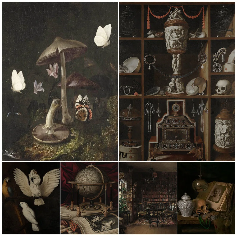 Dark Academia Curio Cabinet,Victorian Witch Still Life Art Poster Print, Mushrooms,Moths,Snake,& Lizard Gothic Wall Art Print