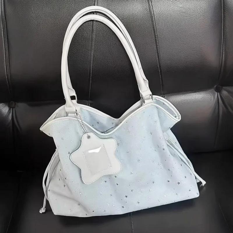 

Star-print Polka Dot Tote Bag Harajuku Sweet Women's Letter Embroidery Large Capacity Shoulder Bag Blue Underarm Bag Handbag