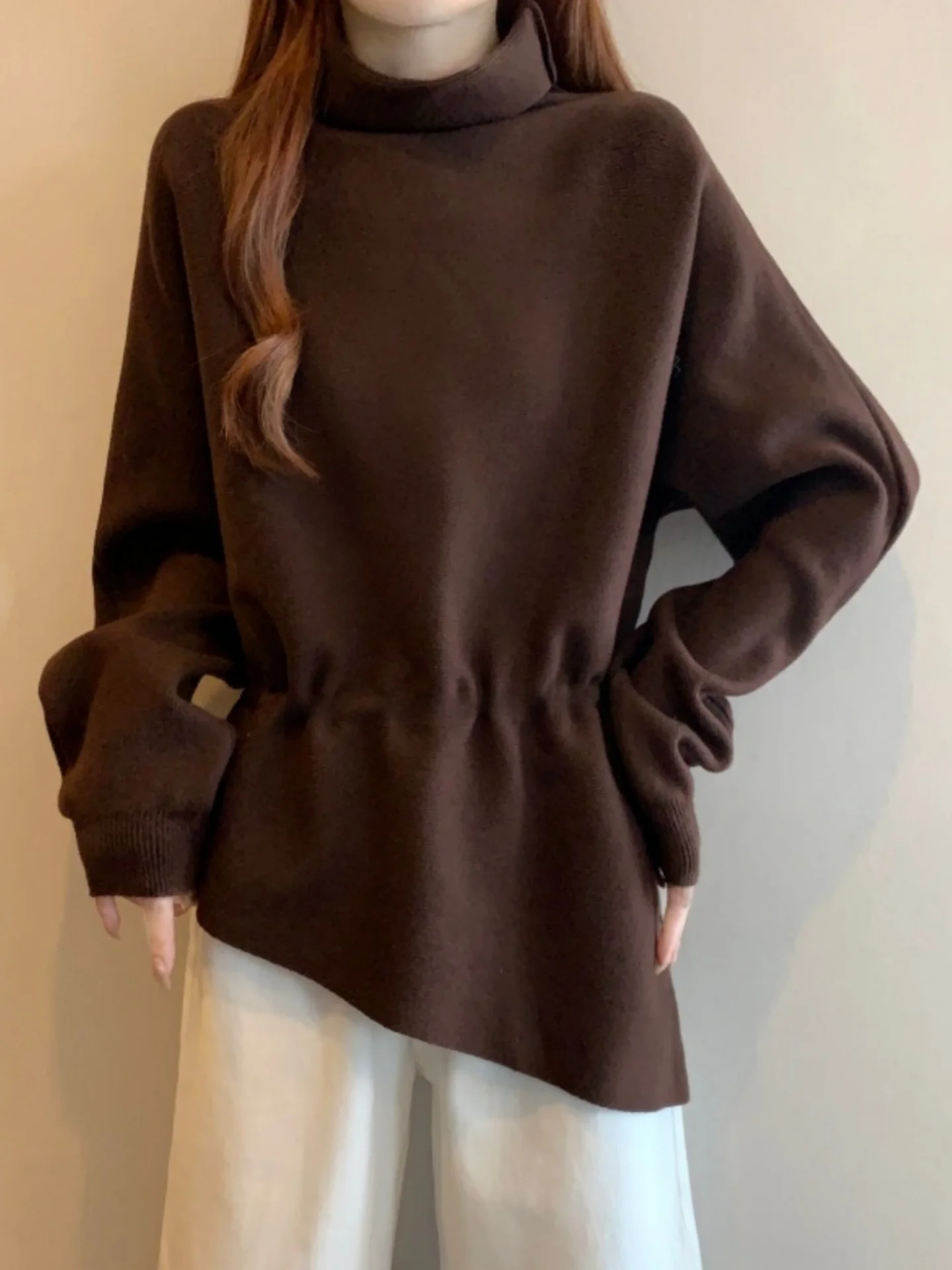

High Neck Knitted Base Shirt Sweater Women Spring Autumn plus Size Conceal Belly Asymmetrical Waist Inward Clothes
