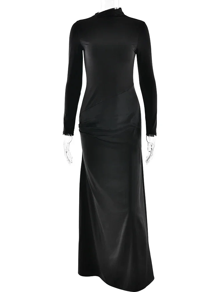 Chaxiaoa Elegant Satin Patchwork Long Sleeve Dress Women Fashion Bodycon Round Neck Party Club Evening Dress Winter New Vestidos