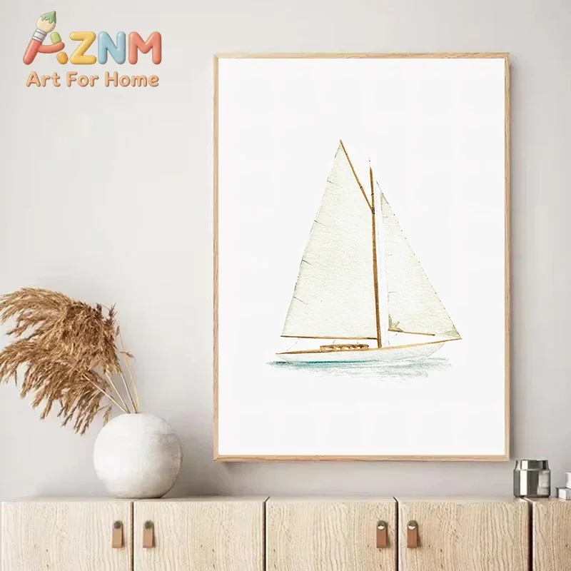 1pc frameless Canvas Painting Sailboat Minimalist Nautical Coastal Beach Seascape Canvas Painting Wall Art Poster Print for Nurs