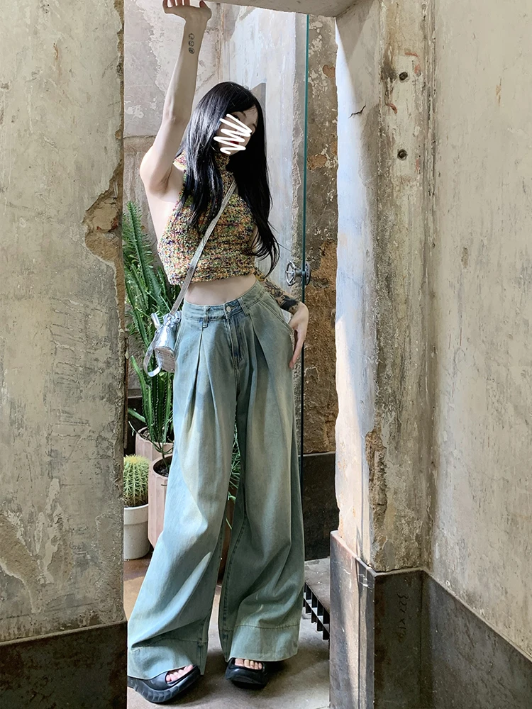 High Street Girl Toweling Oversized Jeans High Waist Loose Casual Vintage Denim Pants Streetwear Fashion Pocket Trousers Female