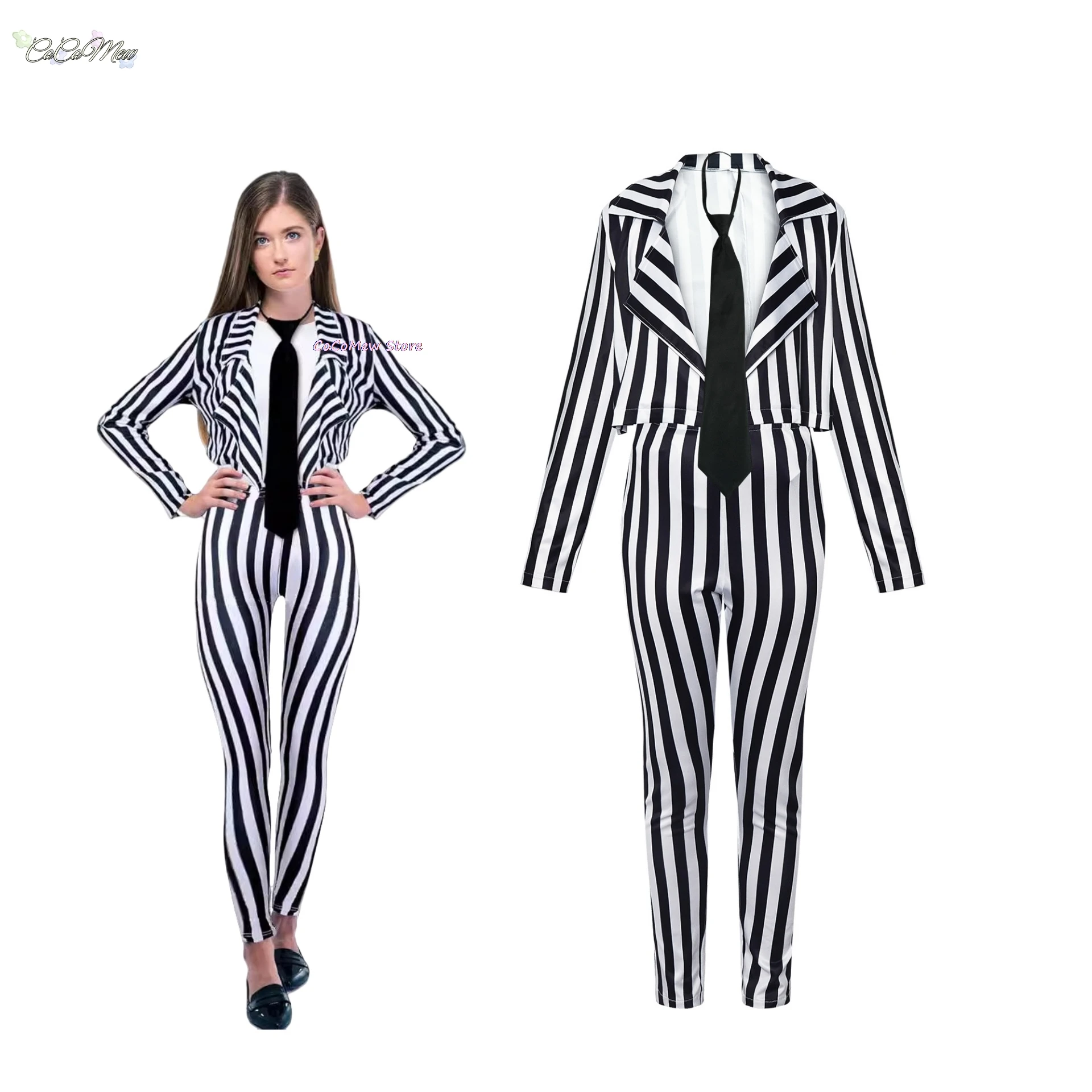 

Wholesale Halloween Horror Scray Cosplay Role Play Black White Vertical Stripes Suit Stage Costume Adult Women Fantasy Outfits