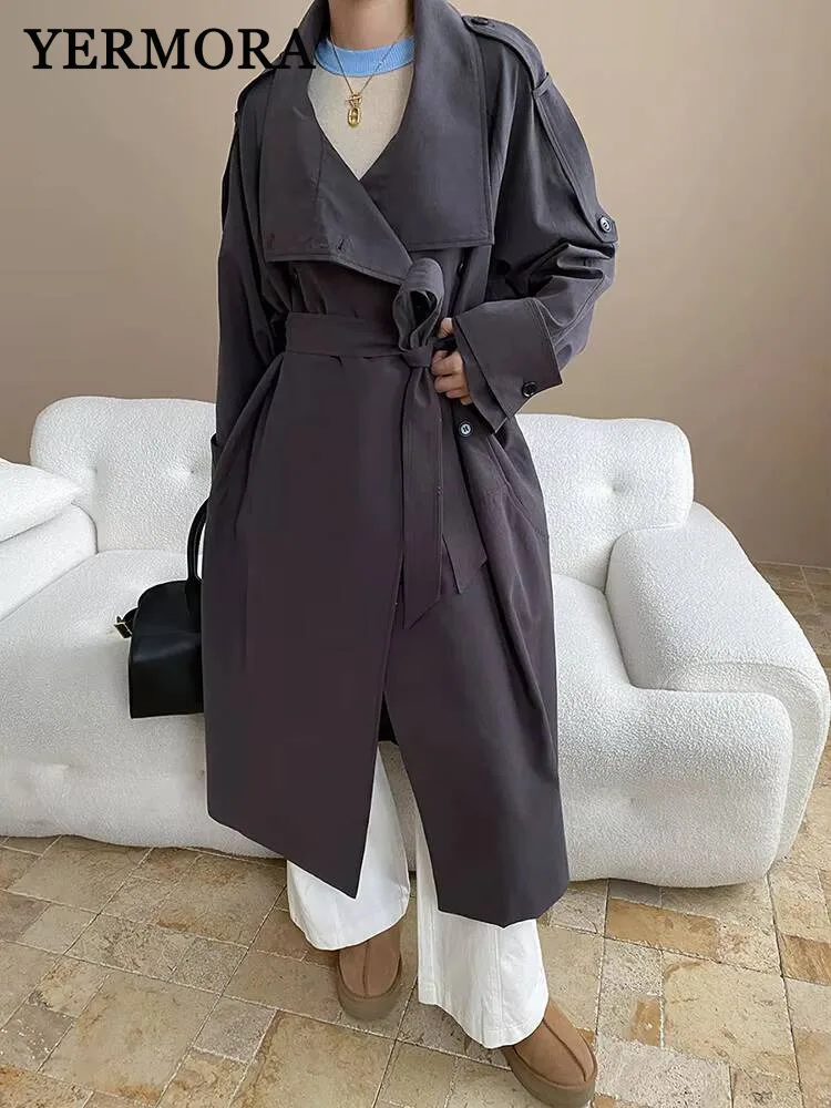 

YERMORA Khaki Button Belted Casual Trench For Women Lapel Long Sleeve Loose New Windbreaker Fashion Tide Spring Autumn 2025