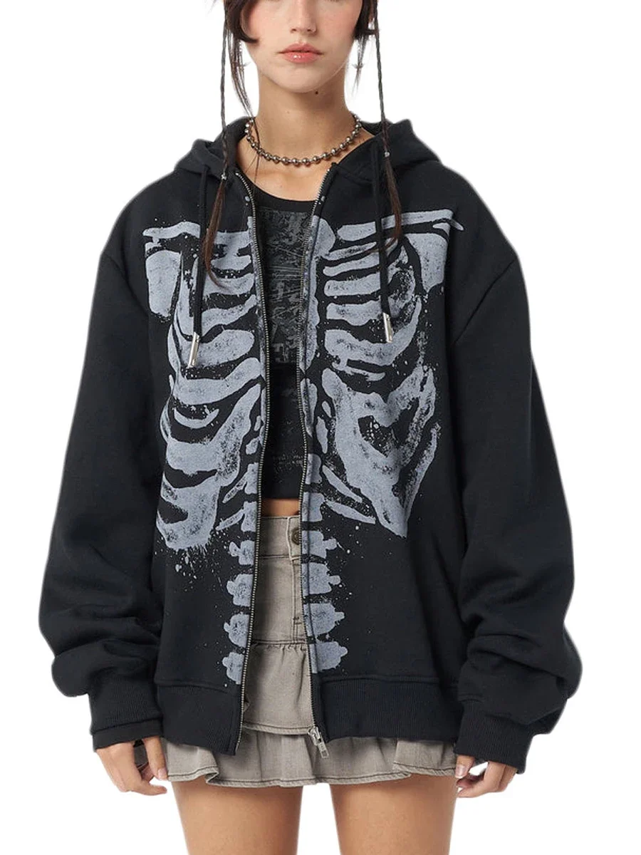 Halloween Women Spring Autumn Casual Hooded Coat Long Sleeve Skull Print Zipper Hoodie Grunge Long Sleeve Top Gothic Sweatshirt