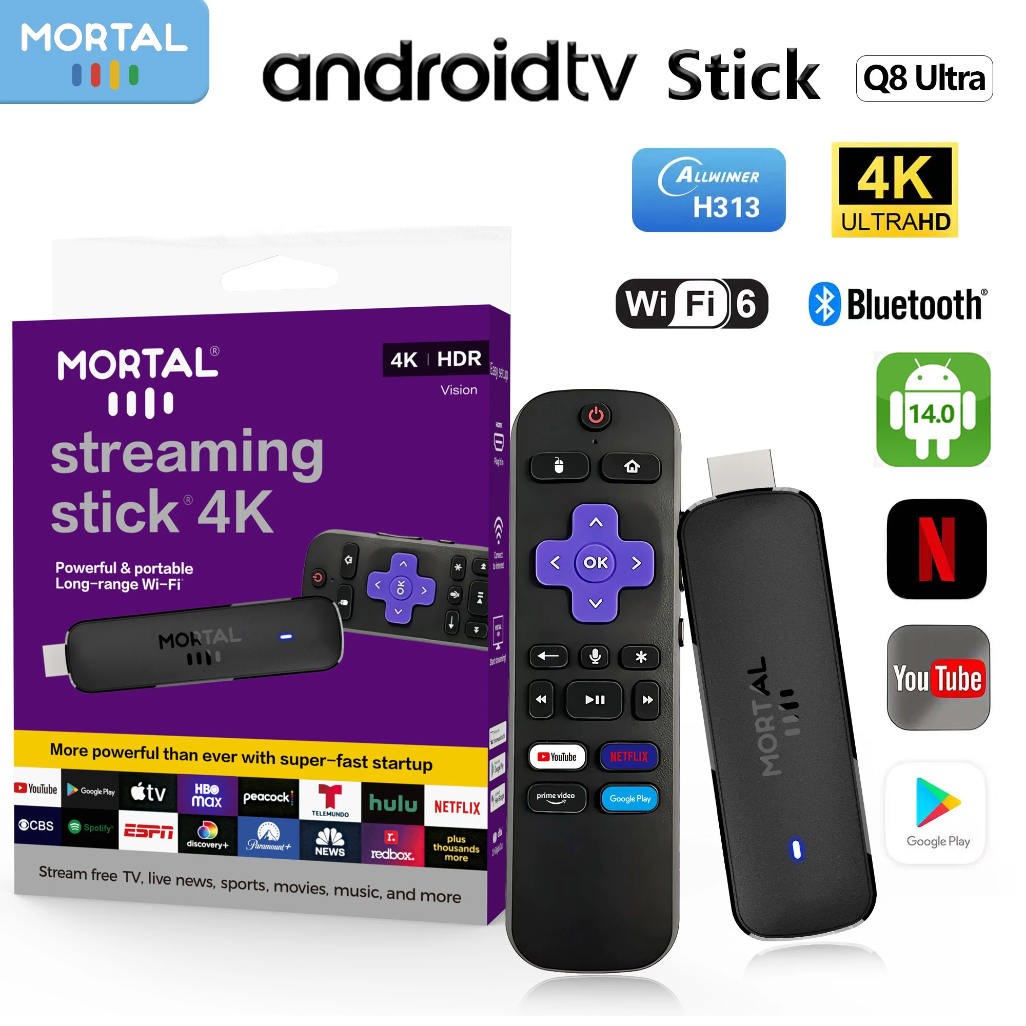 

Smart TV stick Android14 Allwinner H313 Mortal Q8 ultra Chromecast Voice remote WiFi6 4K60fps WiFi6 Blueooth 2G8GB16GB Streaming