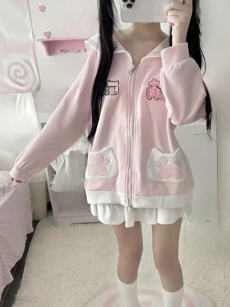 Japanese Sweet Cartoon Embroidery Hoddies Women Preppy Style Kawaii Fasion Hoody Jacket Y2k Aesthetic Grunge Pocket Sweatshirt - view 3