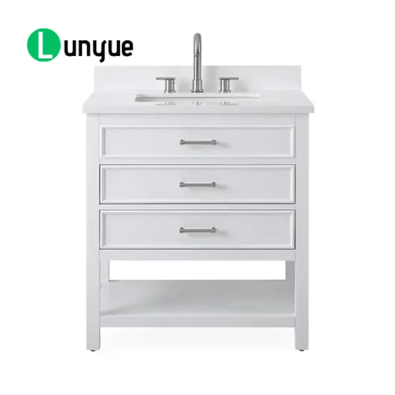 Modern Solid Wood Bathroom Vanity Cabinet 30 Inch Single Sink White Marble Countertop Luxury Floor Standing Wash Basin Unit