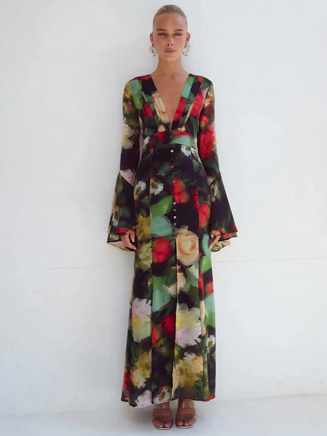 

HZXVic Women's Flower Dress Women's Horn Long Sleeve Sexy Deep V Waist Split Print to Ankle Skirt