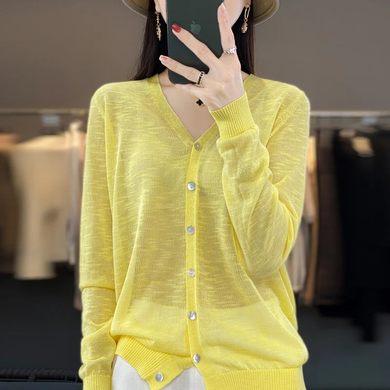 Summer Sunscreen Ice Silk Cardigan Women\'s V-Neck Long Sleeve Loose Knitted Top Solid Transparent Cardigan Air Conditioned Shirt