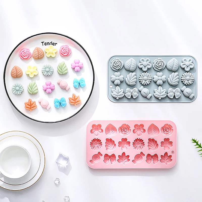 1Pc 18 Cavities Flower Silicone Molds DIY Rose Flower Candy Molds Rose Leaf Bow Tie Shape Molds Pudding Soap Cookie Molds