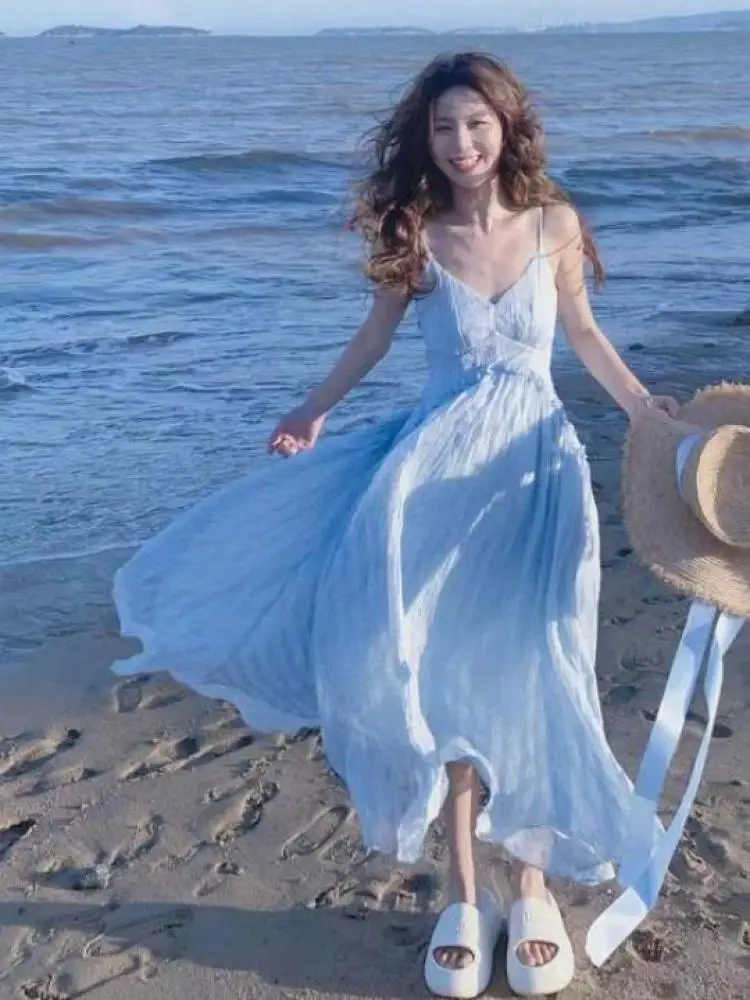 

Summer Blue V Neck Sexy Club Vacation Pleated Slip Long Dress Women High Waist Elegant Backless Party Dress 2025 Fashion Popular