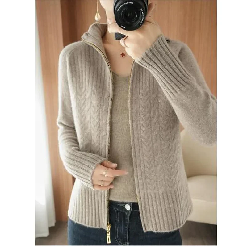 

2024 Autumn New Knitted Sweater Cardigan Women's Stand-up Collar Loose Slim Thin Spring Student Sweater Jacket Female Tops A35