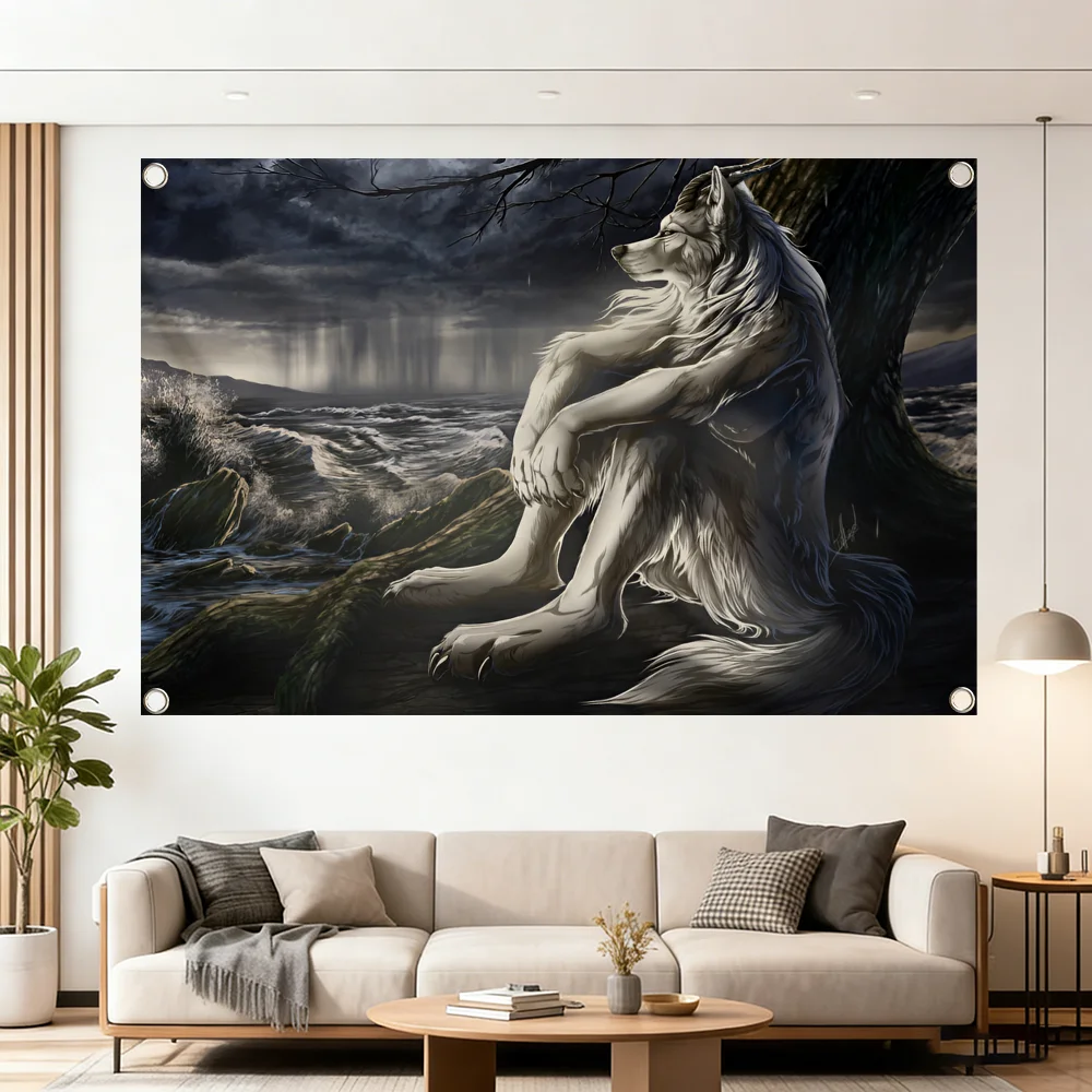 Emo White Wolf Sitting Meme Q Flag Decoration Outdoor Picnic Party Art Hanging Home Camping Party Banner Best Sellers
