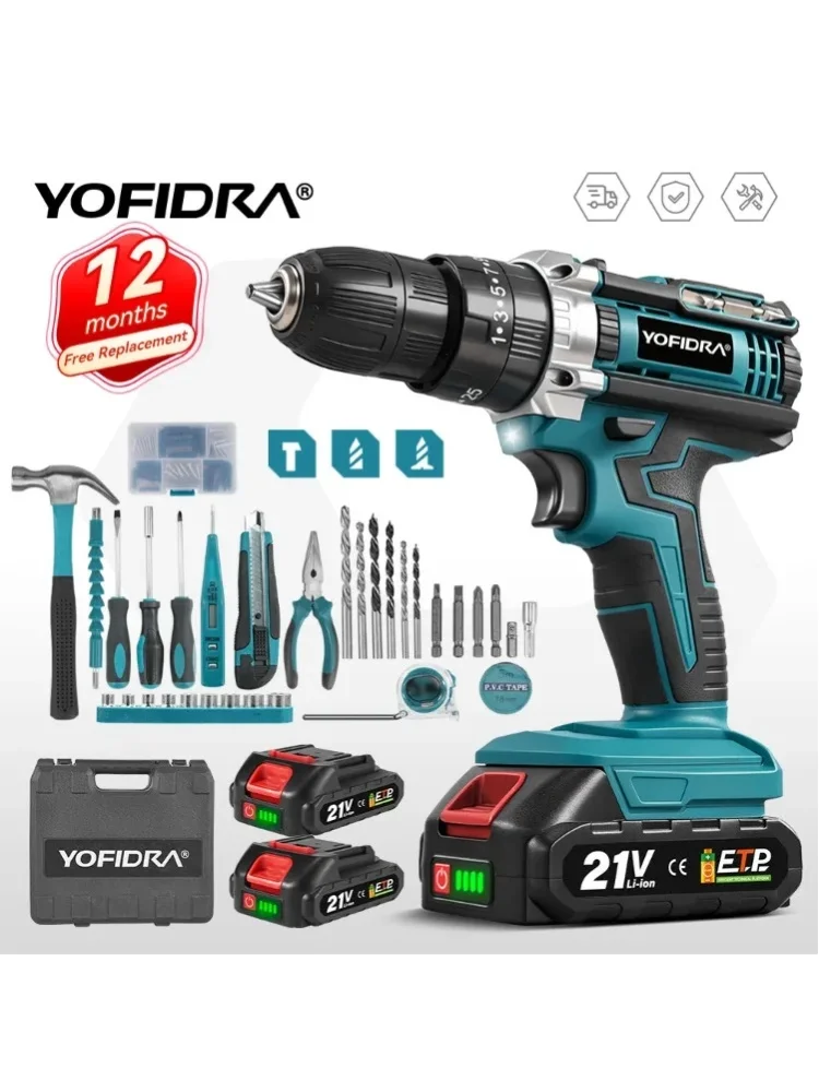 YOFIDRA 3/8" 25+3 Drehmoment Elektrischer Schlagbohrer Kabelloser Multifunktions-Bohrer Schraubendreher Elektrowerkzeug für Makita 21V Akku