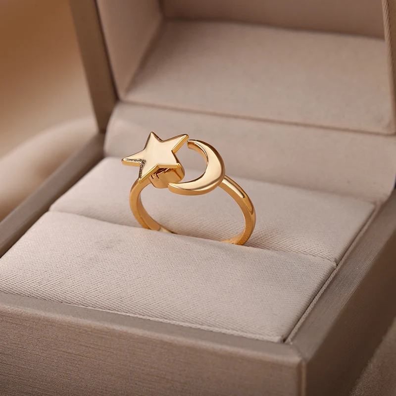 Rotatable Star Moon Anxiety Rings for Women Open Adjustable Stainless Steel Anti Stress Fidget Ring 2022 Trend Wedding Jewerly