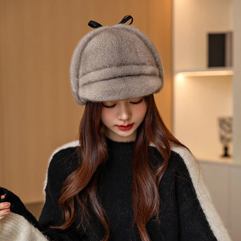 

Winter Fashion Women's Duck Tongue Hat 100% Mink Hair Thickened Warmth Hat Korean Edition Leisure Travel Sun Hat