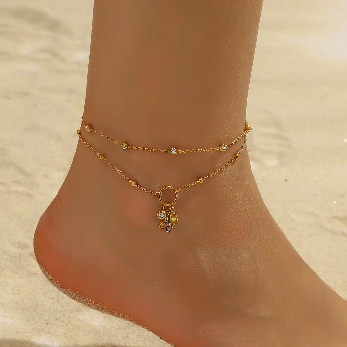 Edelstahl Farbe Zirkon Herz Doppel-schicht Fußkettchen Für Frauen Neue Mode Wasserdichte Fuß Ketten Schmuck Geschenk