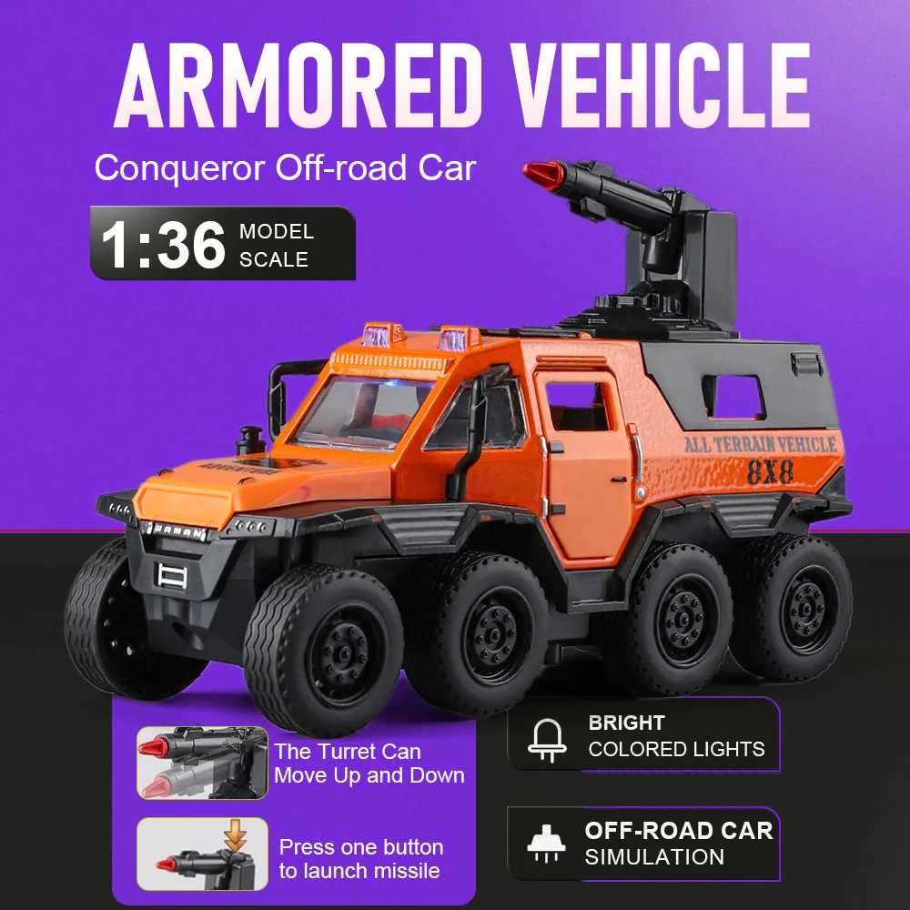 

1:36 8-Wheel Conqueror Armored Car Toy Models Metal Diecast Simulation Off-road Cars Pull Back Doors Opened Sound Light Gifts