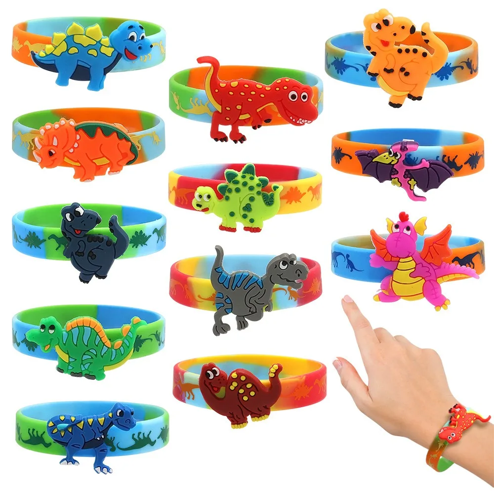 Pulsera de silicona de dinosaurio de dibujos animados, 6/12 Uds., cumpleaños, Baby Shower, boda, Pascua, Navidad, carnaval, regalo de fiesta, relleno de caja de piñata