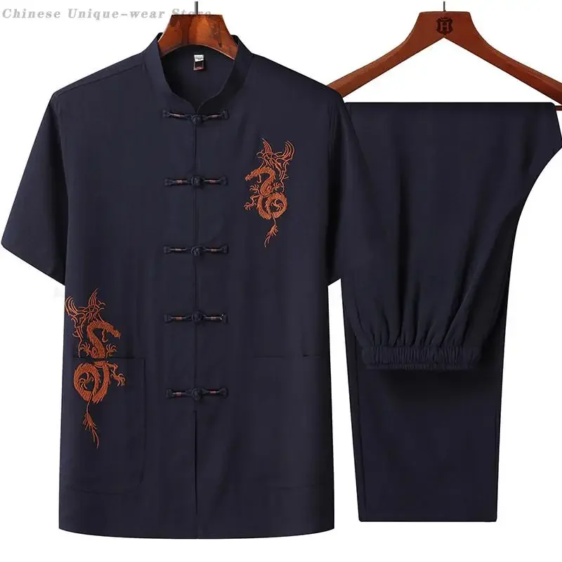 Vintage Button Wushu Kung Fu Uniform Summer Short Sleeved Tang Suit Loose Casual Men Chinese Traditional Dragon Tai Chi Clothes