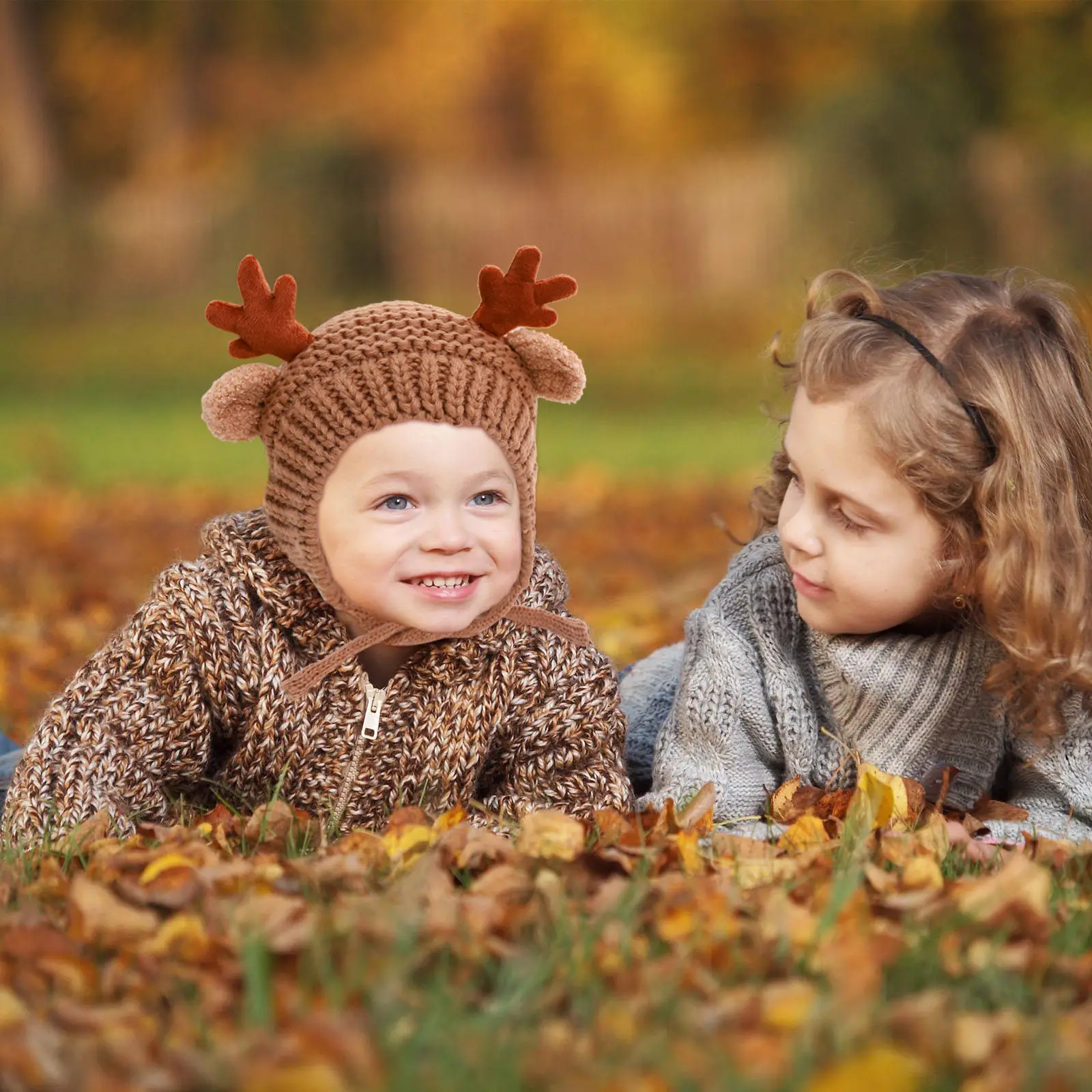 

1Pcs Christmas Antler Hat Kids Knitted Winter Warm Hat Widen Brim Ear Protection Lacing Design Xmas Fashion Cap for Girls