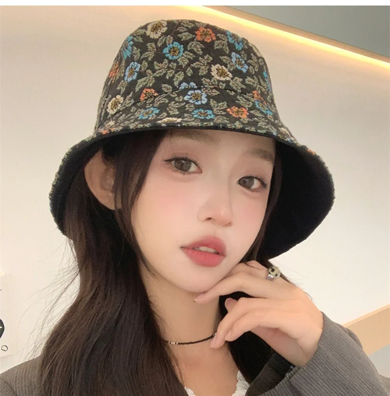 Hat Literary Flower Double-sided Wear Fisherman's Hat Girls Cute Casual Face Shading Sun Shading Basin Hat 56-58cm