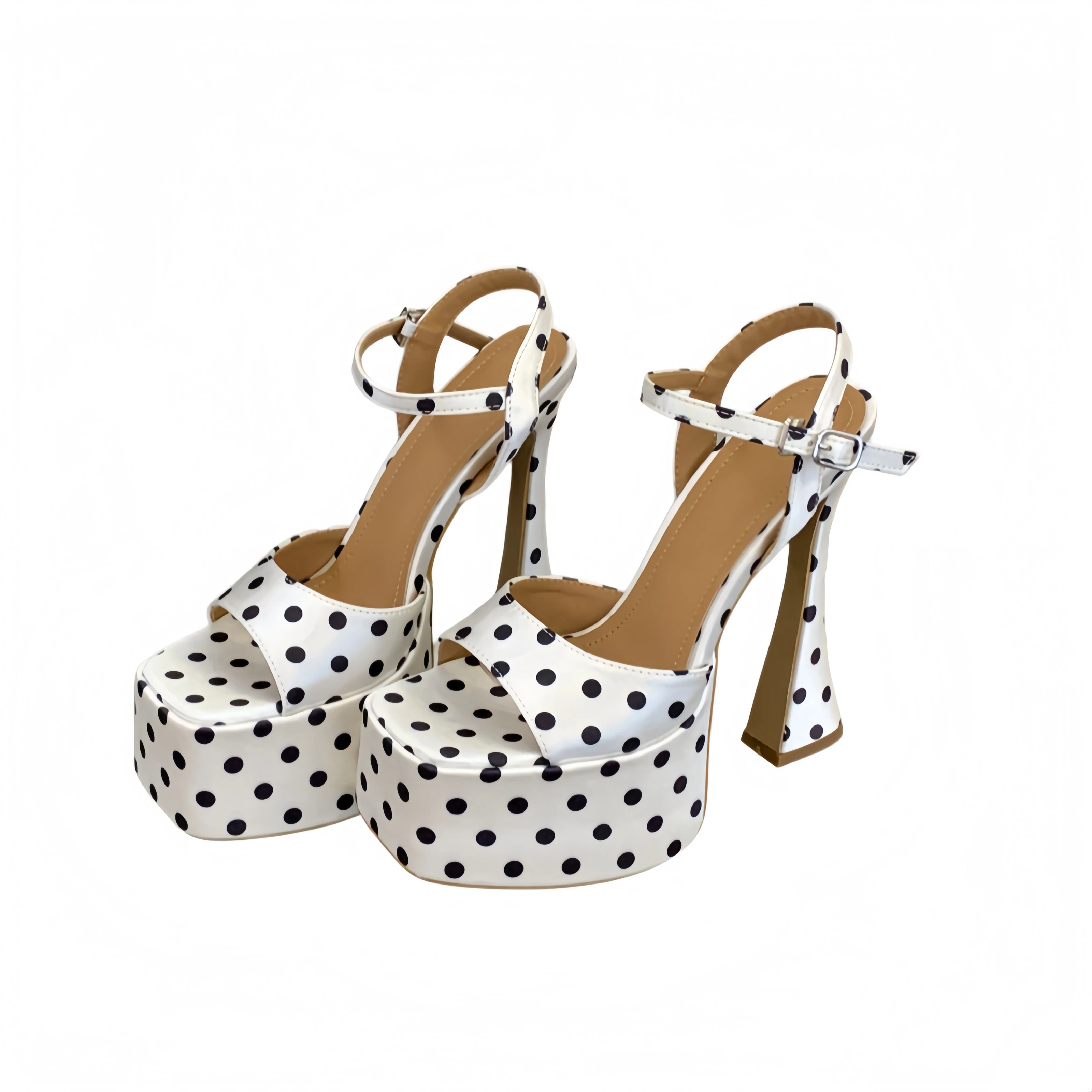 

Женские сандалии на экстремально высоком каблуке 16 см, платформа, черно-белые в горошек, на массивном каблуке, лето 2026