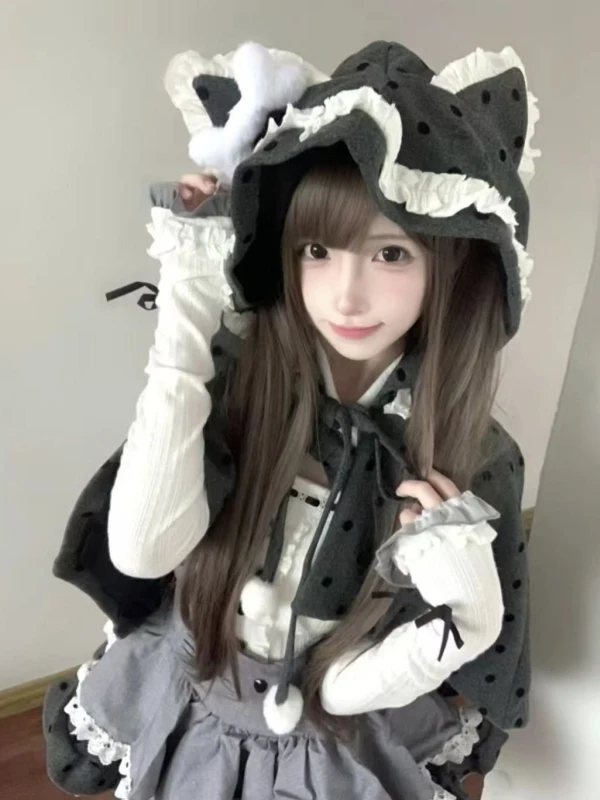 

Adorable Polka Dot Cowl Neck Three Piece Set Slim Fit Base Layer Top with Skirt for Women Sweet Style Autumn Winter Collection