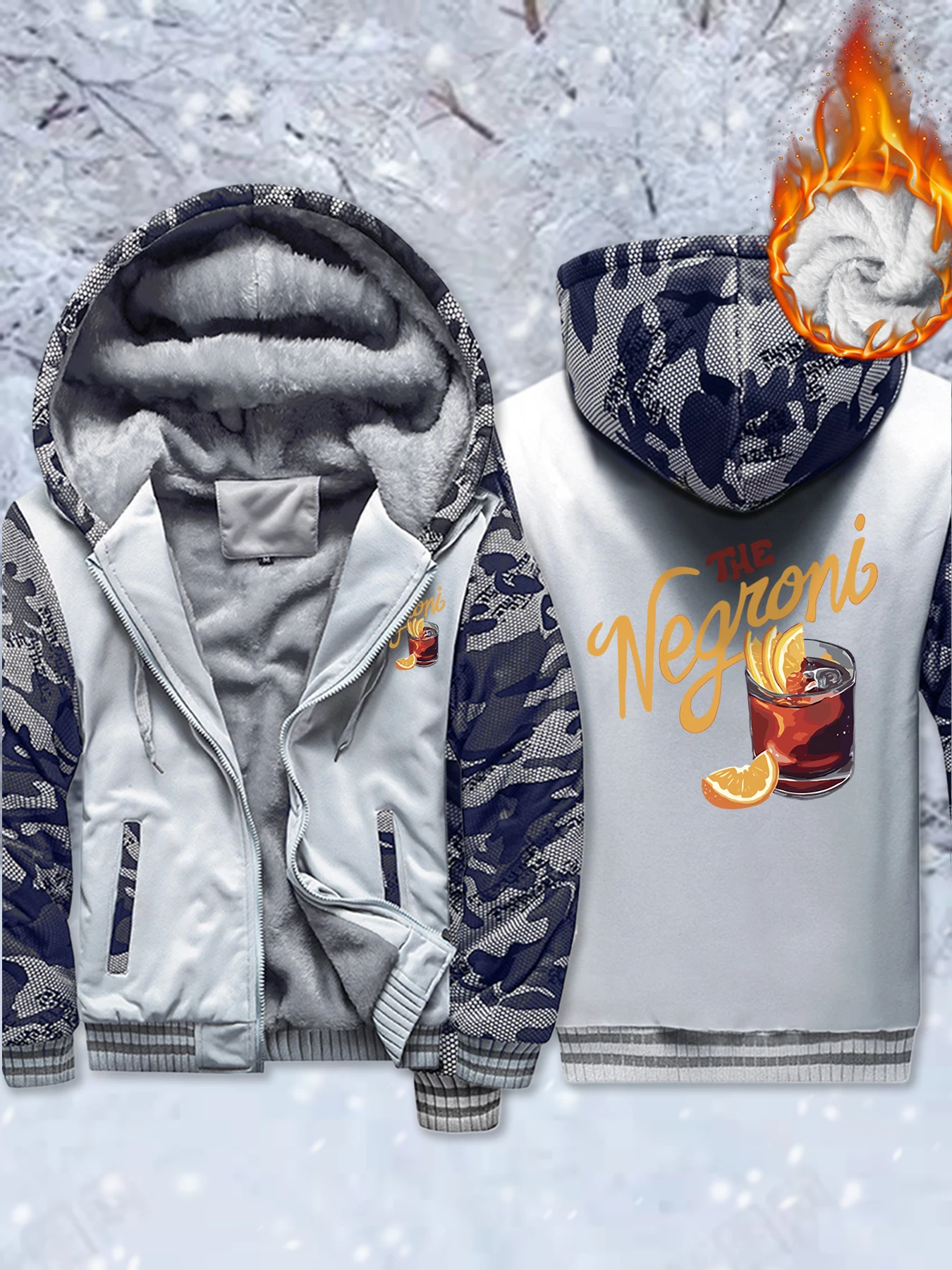 

The Negroni Oranges Drink Print Men Thicken Coats Winter Zipper Hoodies Fleece Camouflage Streetwear Vintage Loose Jacket