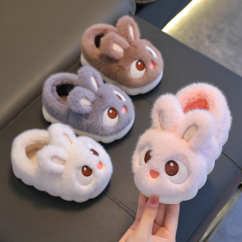 New Winter Cute Big eyed Rabbit Children\'s Cover Heel Warm Non-slip Fluffy Slippers For Girls Boys Kids Indoor Home Cotton Shoes