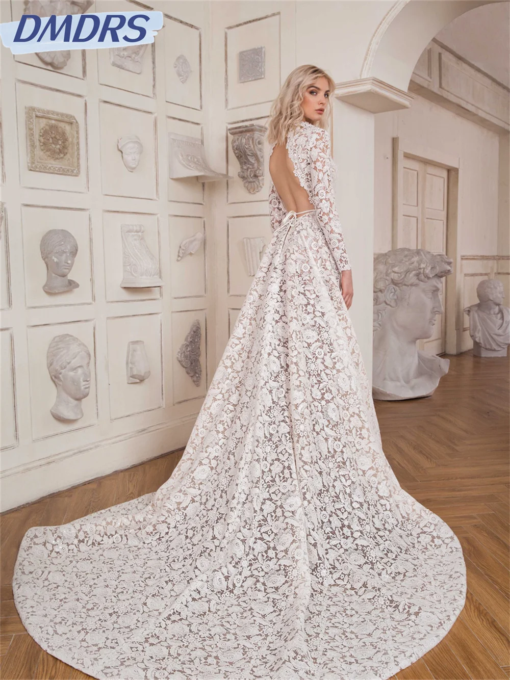 Classic Lace Boho Wedding Dress 2024 Elegant Long Sleeve A-Line Dress Classic Crew Neck Floor Length Gowns Vestidos De Novia