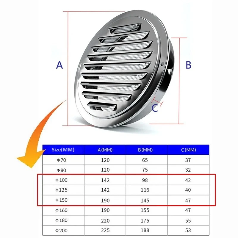 Stainless Steel Exterior Wall Air Outlet Vent Grille 100-150mm Round Duct Cap Air Ventilation Cover Hole Plug Ventilation System image 6