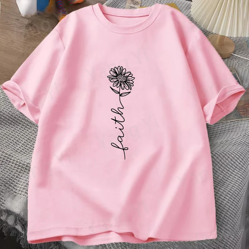 

Fashion Hand Drawn Daisy Pattern T-shirt Girl T Shirt Soft Print Top Unisex Tee Faith Clothing Casual O-neck Short Sleeve Shirts