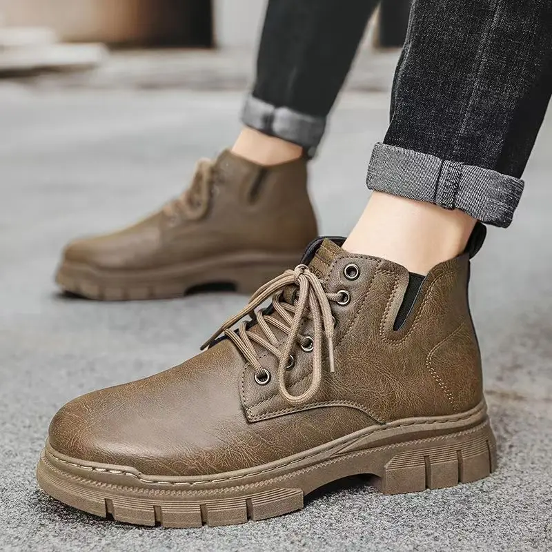 

Men's Autumn Winter New Leather Ankle Work Boots Thick Sole Non Slip Waterproof Lace Up Round Toe British Style Casual Boots