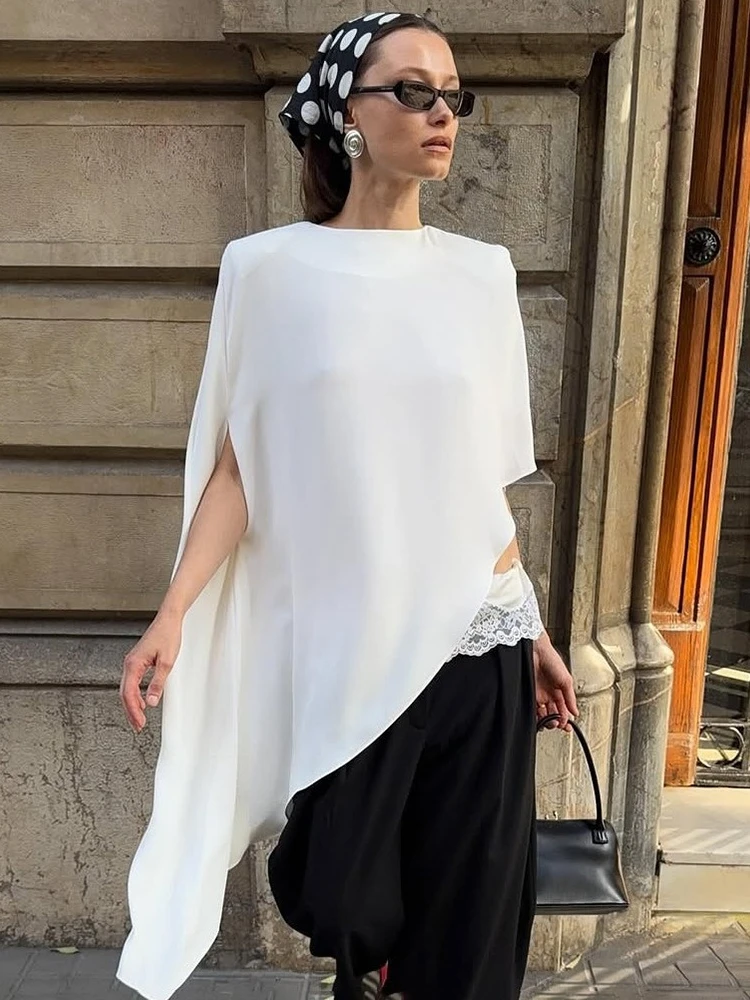 

Однотонная женская футболка с круглым вырезом нестандартной формы, свободные сексуальные подплечники, шаль, элегантный топ для отпуска, осень 2024, новый пуловер, футболка