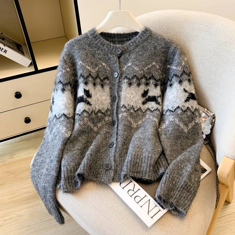 2025,New,European,Clothes,Autumn,Winter,Sweater,Chic,Sexy,O-Neck,Cartoon,Dog,Print,Women,Long Sleeve,Knitted,Cardigan,Tops,59046