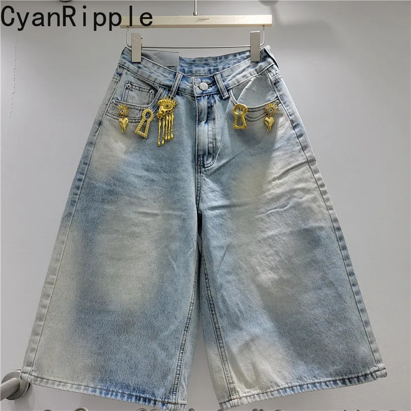 

American Style Light Blue Wide Leg Denim Pants 2026 New Spring Summer High Waist Metal Buckle All-match Knee-length Short Jeans