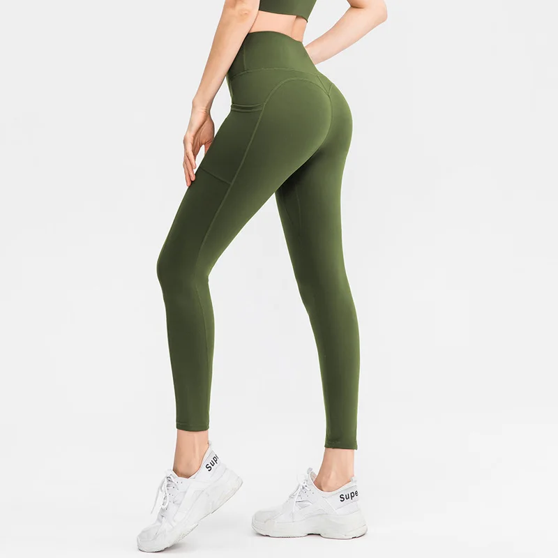 Mallas de Yoga desnudas con bolsillos para mujer, Leggings sin costuras de cintura alta, Leggings Push Up, ropa deportiva para trotar, traje de gimnasio, pantalones de entrenamiento ajustados