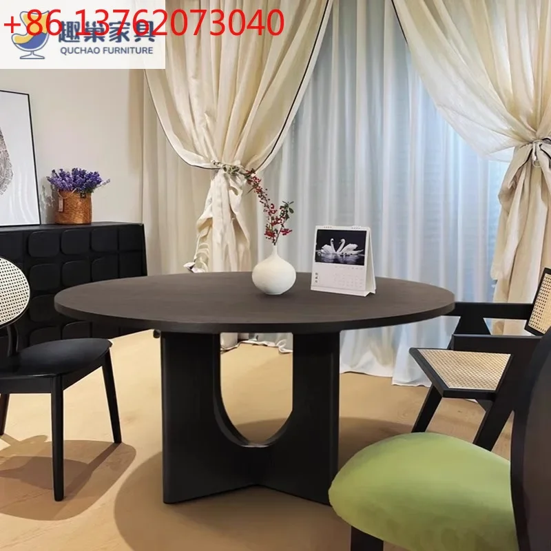 2026 solid wood round dining table ash wood medium antique light luxury black dining table