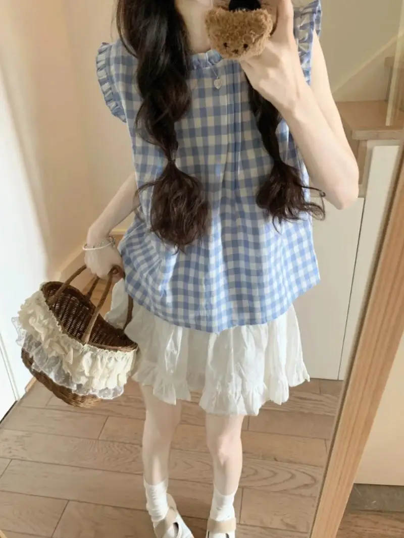 

Loose Blouses Sleeveless O-neck Casual Plaid Summer Blouse Tops Fashion Shirt For Women 2025 Blusas Mujer Sweet Ruffles