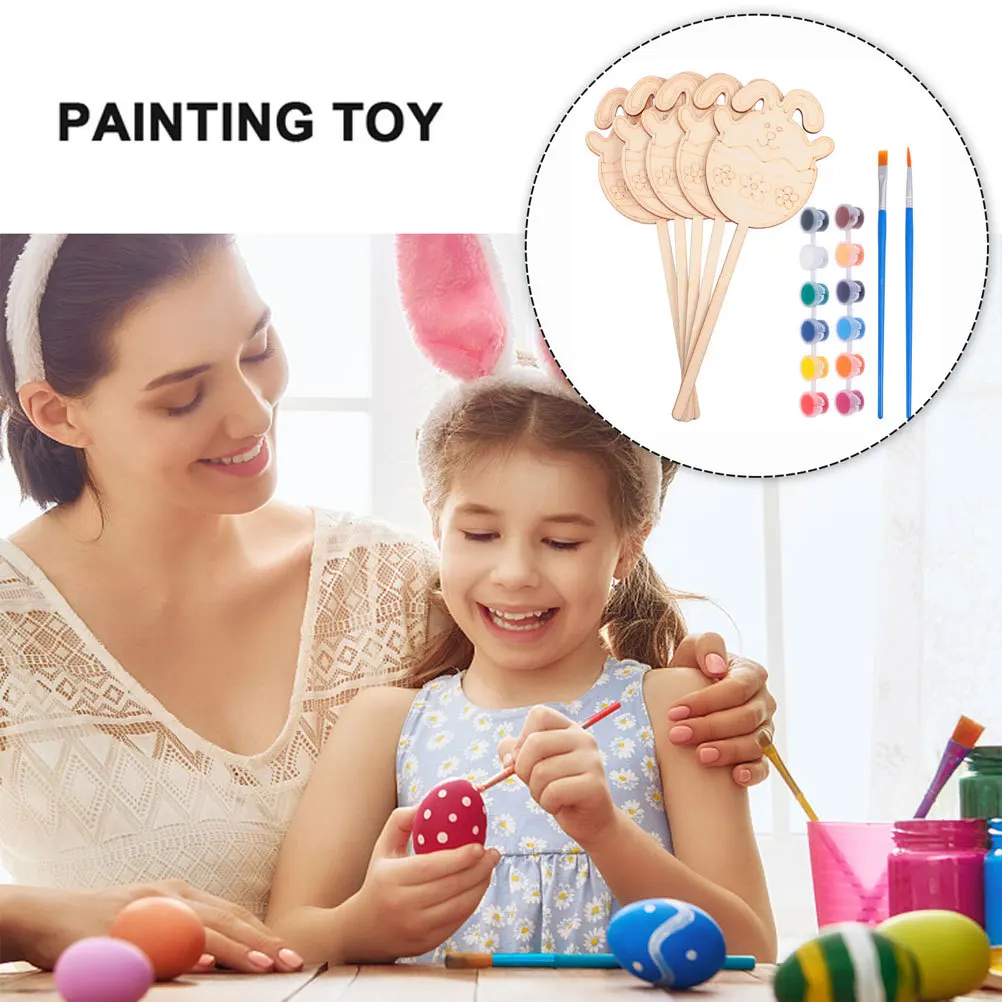 

1Set Wooden Easter Painting Craft Kids Art Material Home Party Decoration Gift Easter DIY Painting Toy